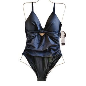 La Blanca One Piece Swimsuit Black Push Up Twist Plunge Ruched 8 New